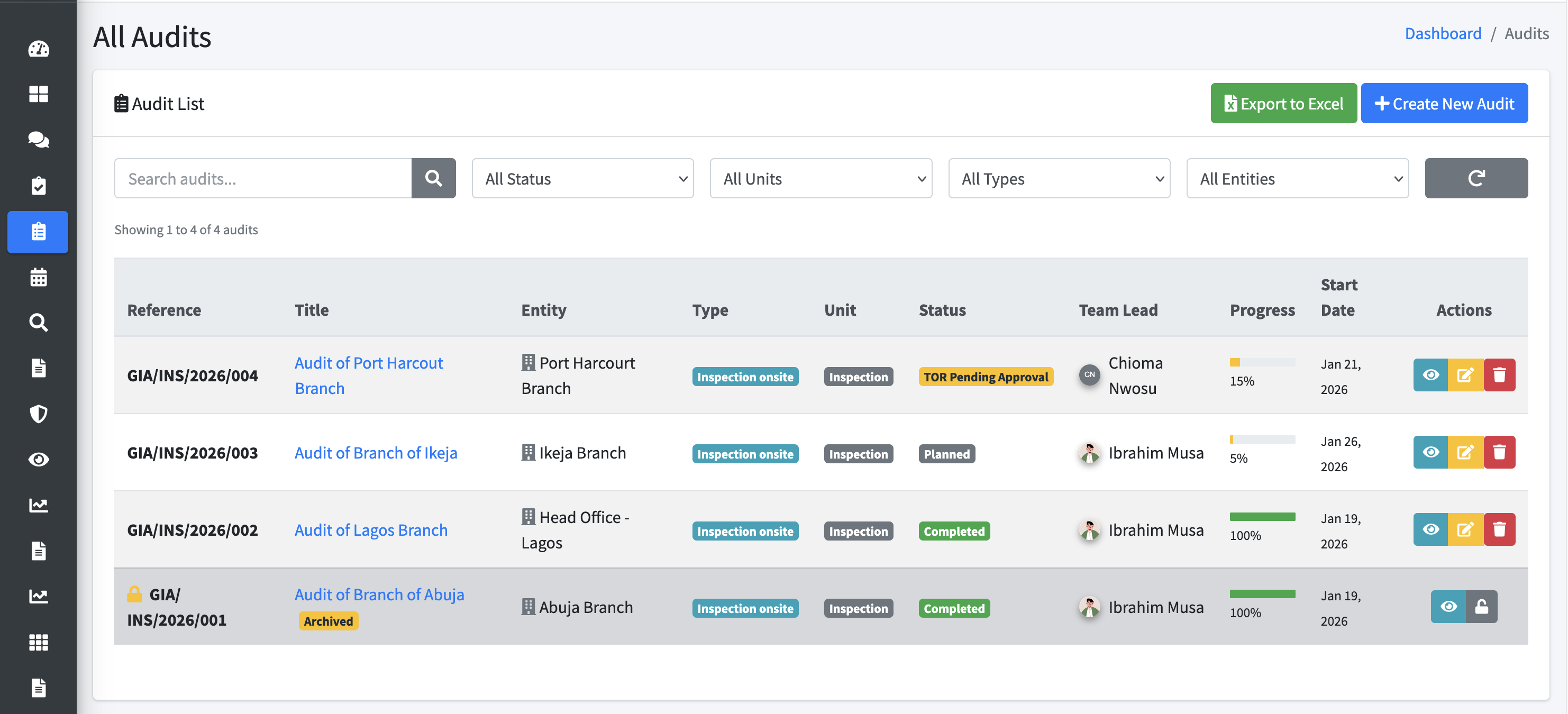VeriGovern Audit Management — Audit list with status tracking, team assignments, and progress indicators