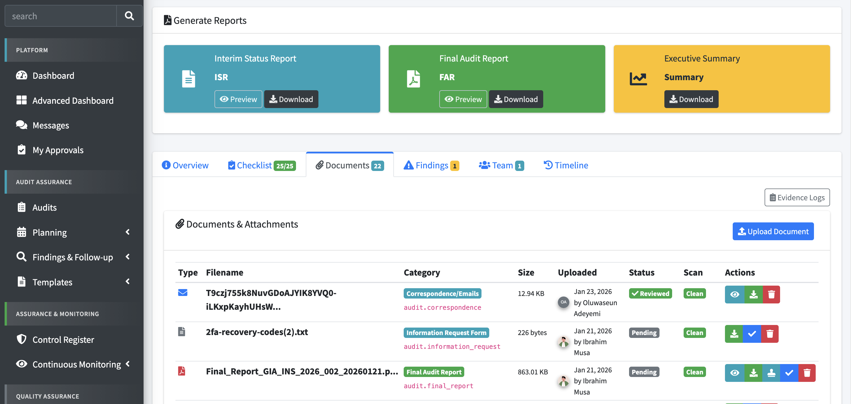 VeriGovern Audit View — Document management, report generation, and evidence tracking within an active audit engagement